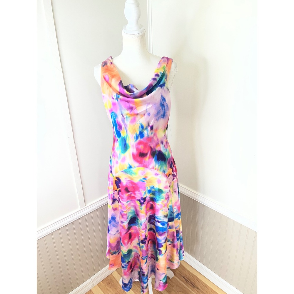 Signature by Robbie Bee Multi Color Abstract Floral Cowl Neck Midi Dress 6 NEW